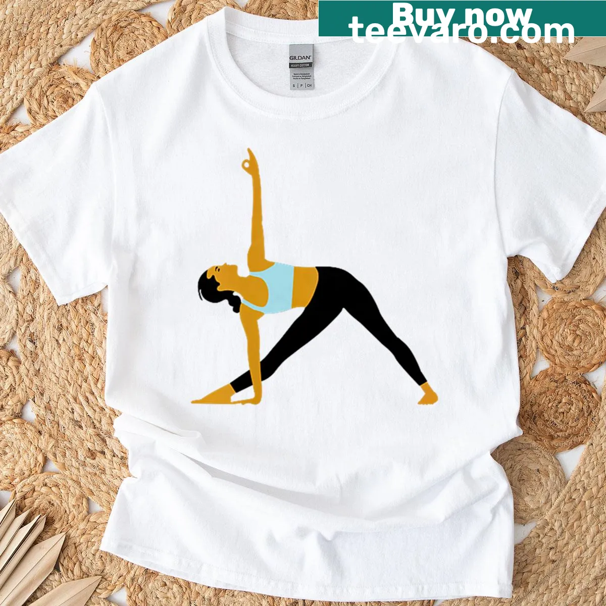 Yoga-themed T-shirt featuring a triangle pose illustration — on a men's t-shirt