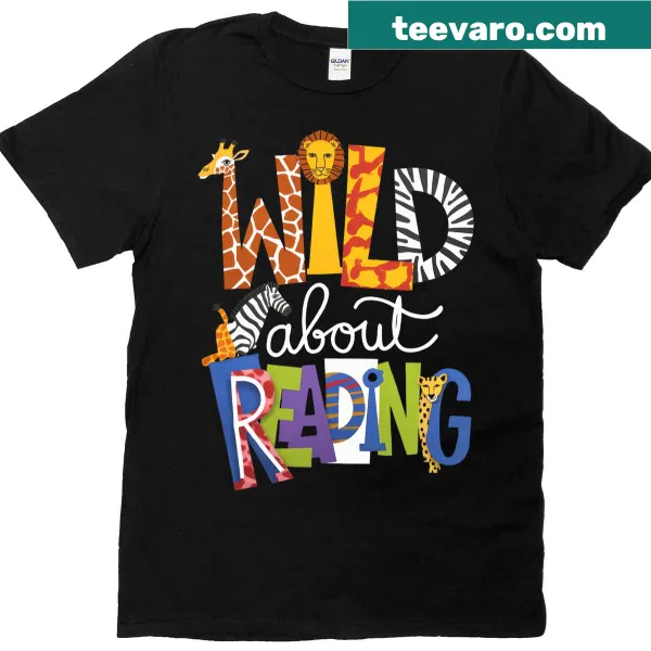 Whimsical zoo animals and books illustration on a T-shirt.