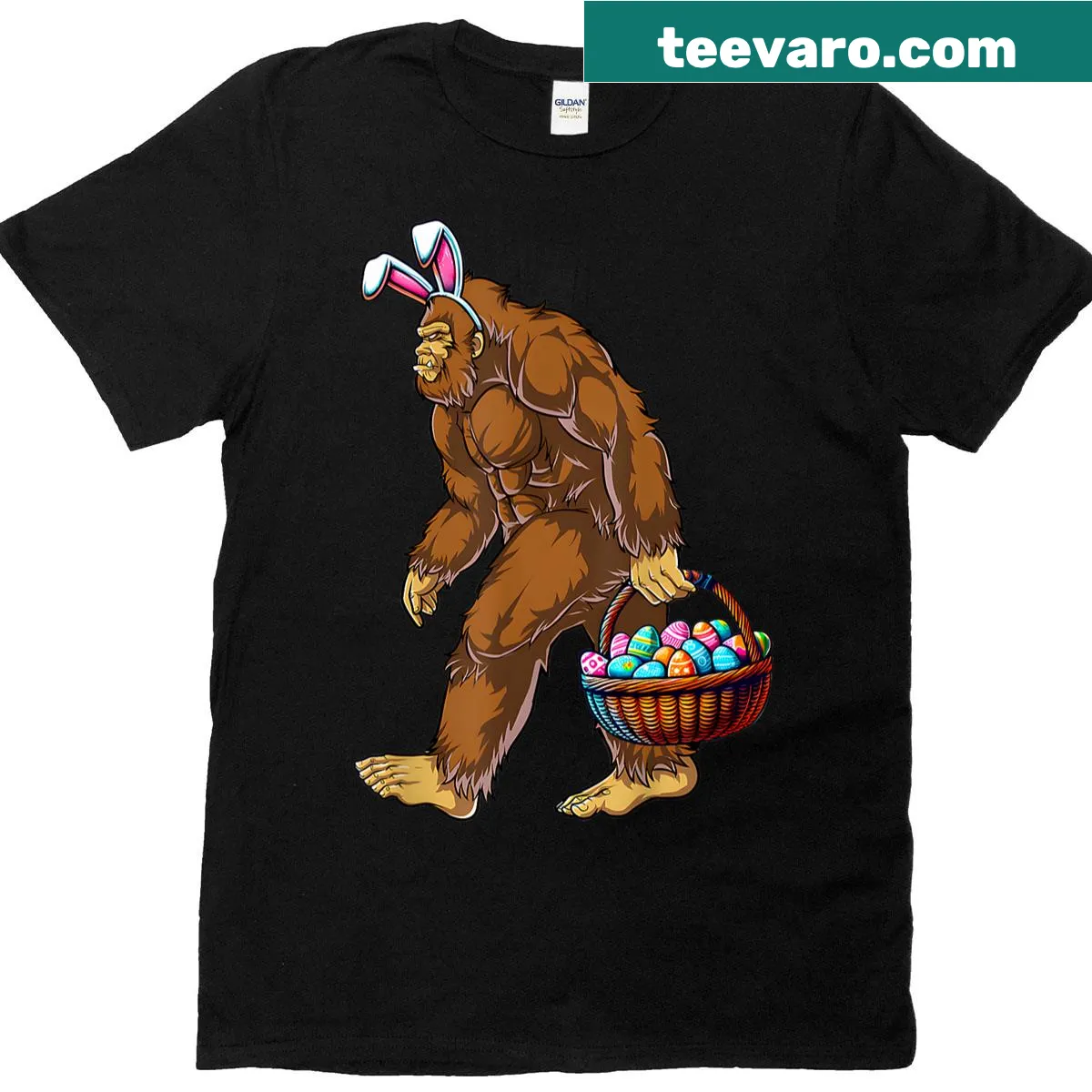 Retro Bigfoot and bunny with Easter eggs graphic — on a men's t-shirt
