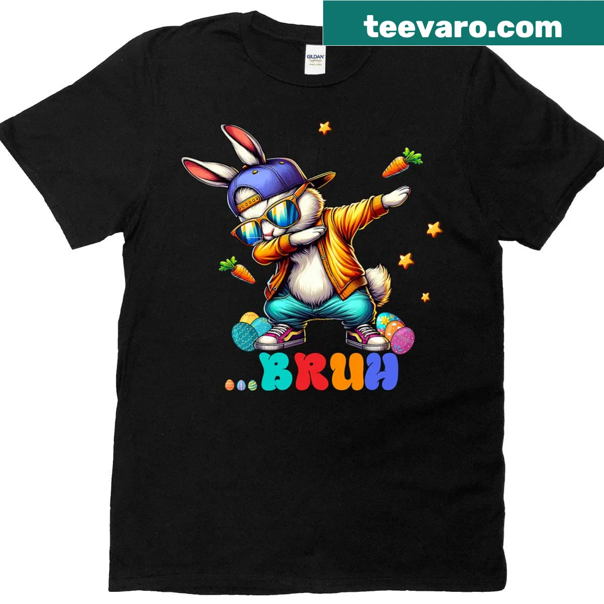 Cartoon bunny dabbing with 'Bruh' text for Easter kids t-shirt — on a men's t-shirt