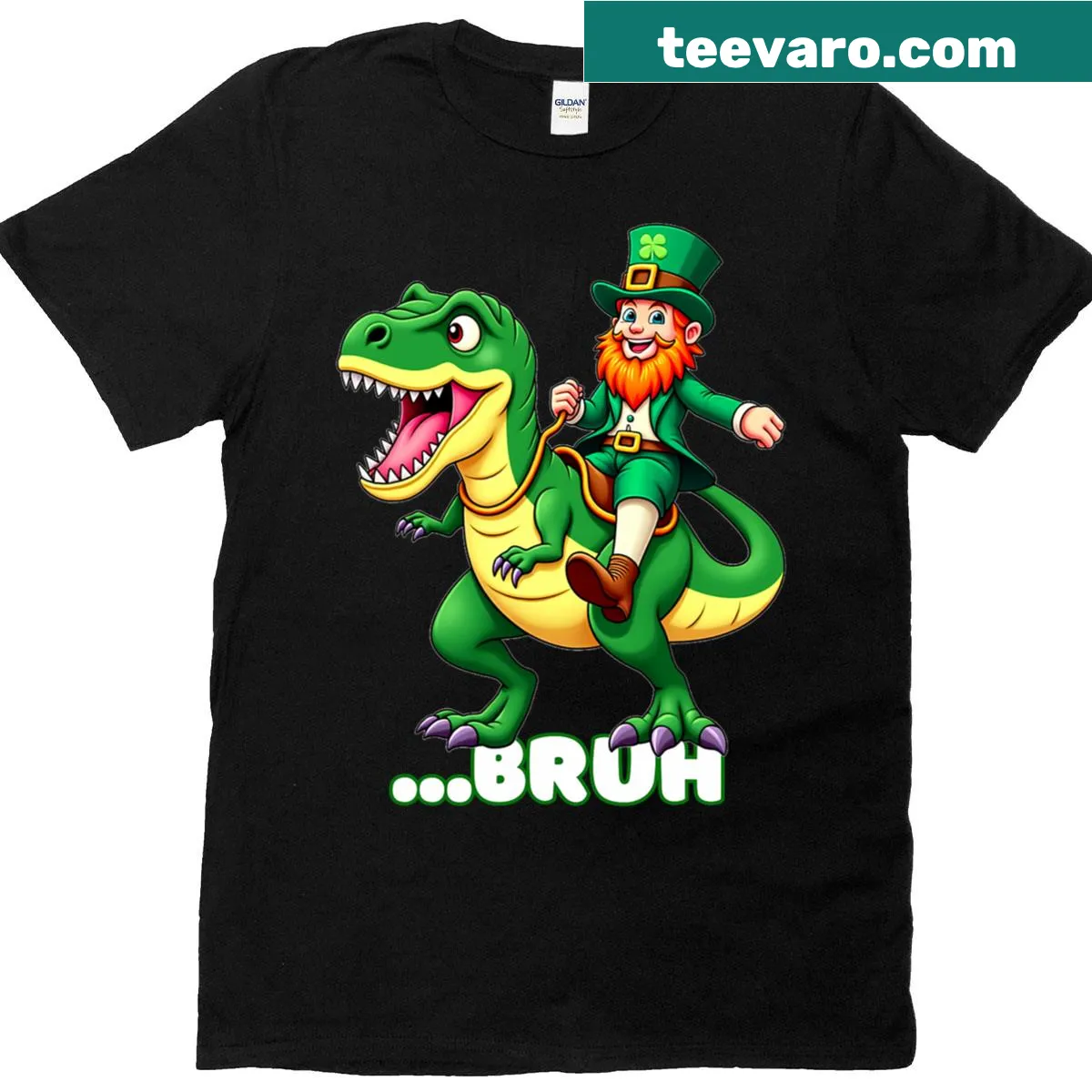 Funny T-shirt featuring a T-Rex leprechaun for St Patrick's Day — on a men's t-shirt