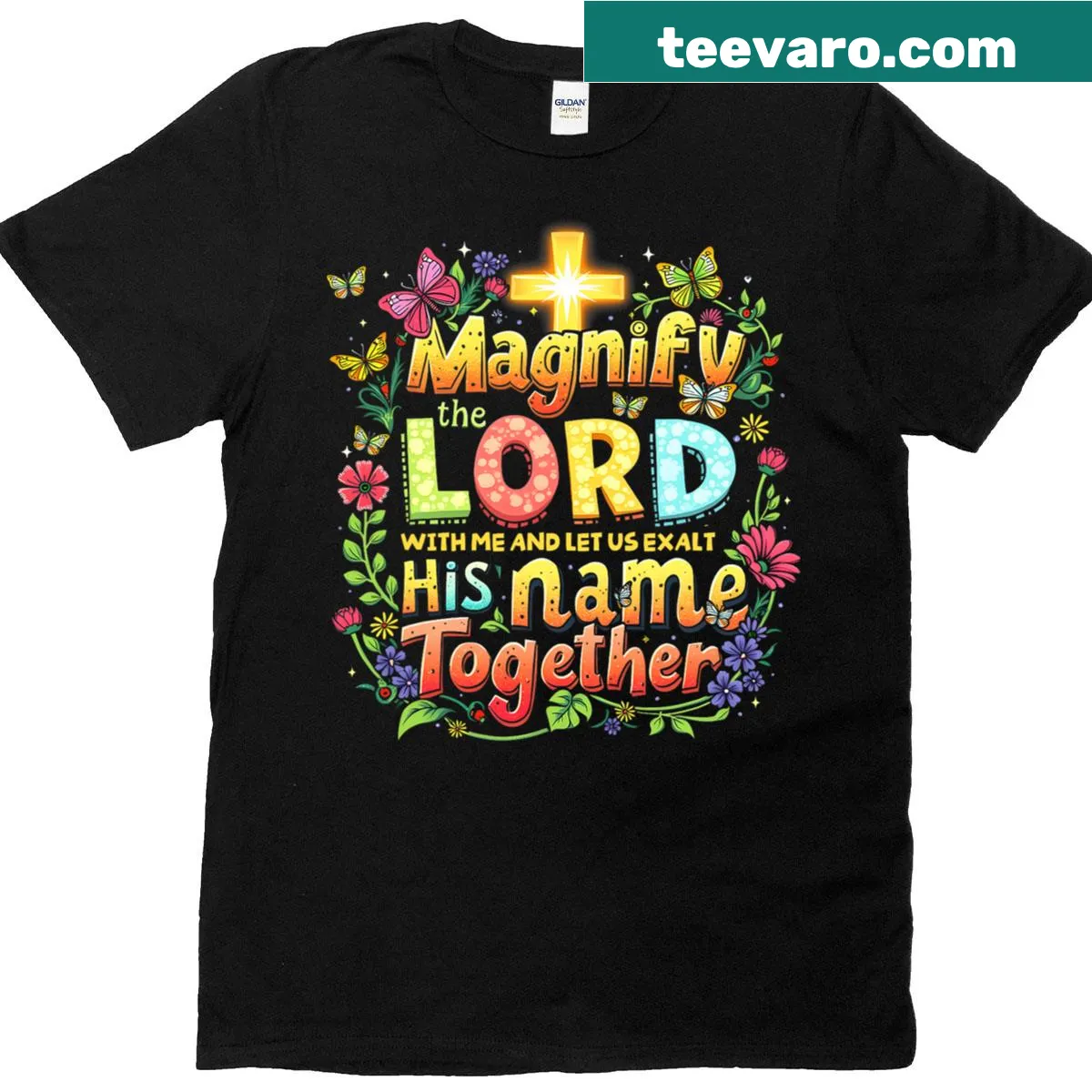 Christian T-shirt with 'Magnify The Lord' text — on a men's t-shirt