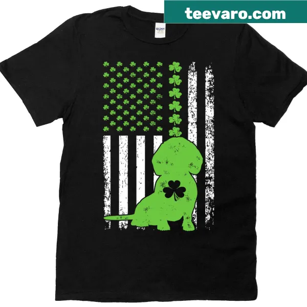 Dachshund with US flag and shamrocks for St. Patrick's Day