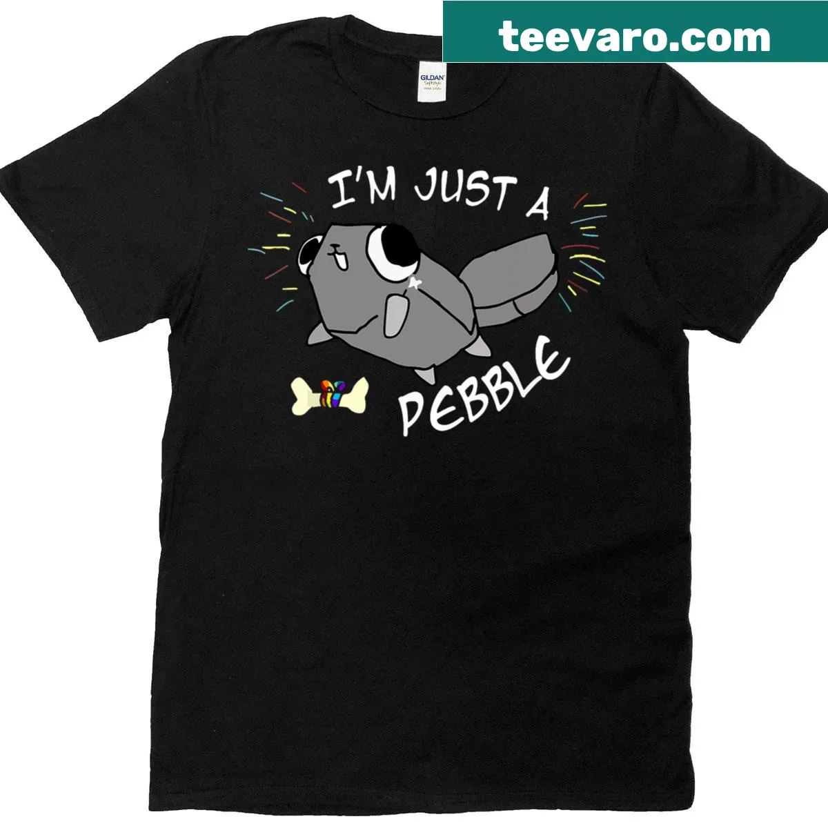 Funny pebble-themed graphic t-shirt — on a men's t-shirt
