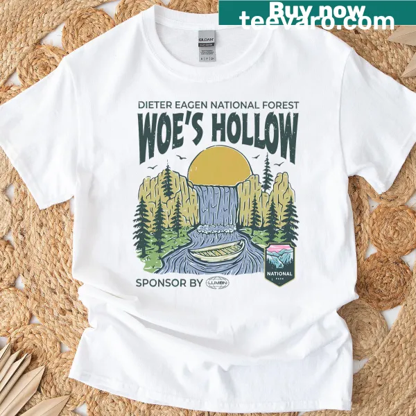 Nature-themed illustration of Woe's Hollow on a men's t-shirt