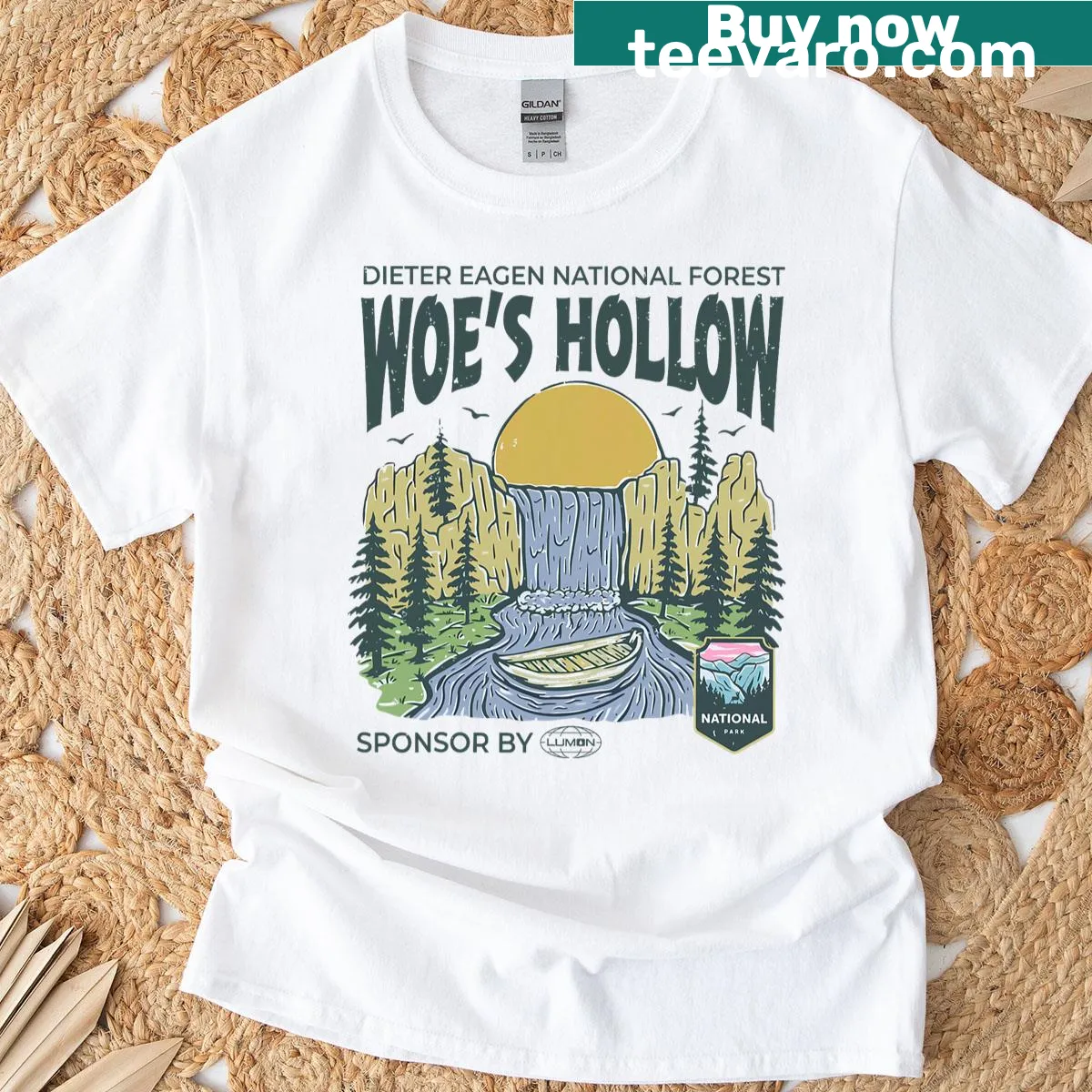 Nature-themed illustration of Woe's Hollow on a men's t-shirt — on a men's t-shirt
