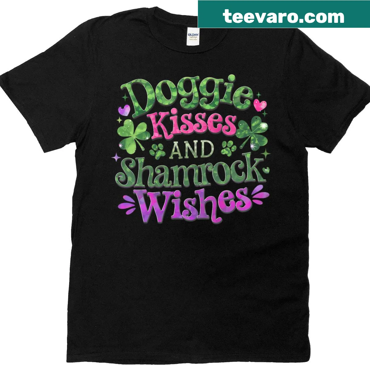 Heartwarming graphic for dog moms with shamrocks and kisses — on a men's t-shirt