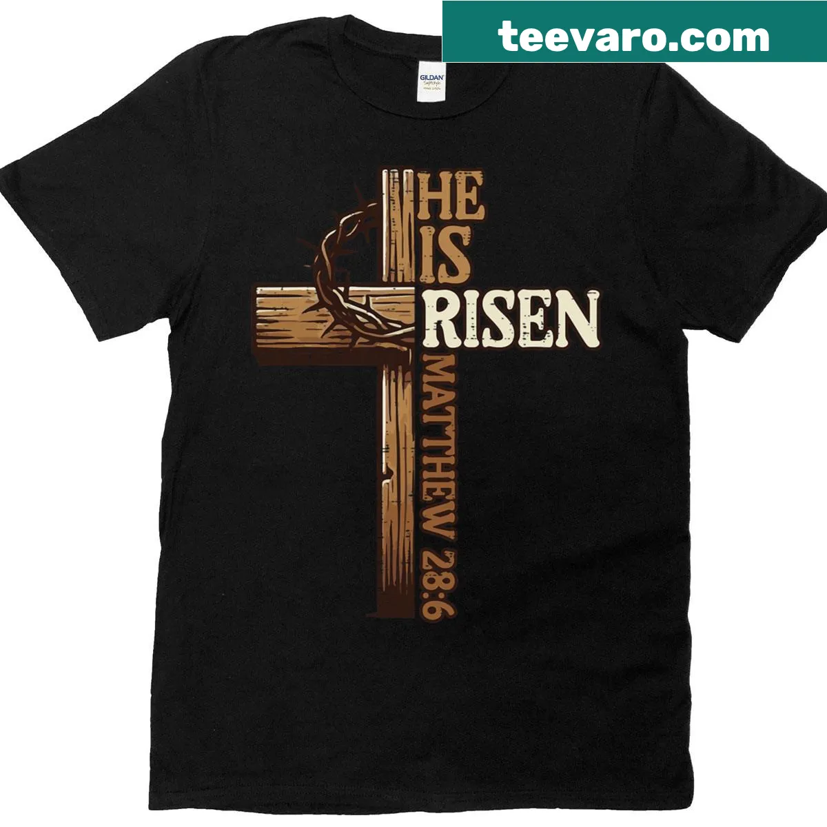 Easter T-shirt featuring a cross and 'He Is Risen' text — on a men's t-shirt
