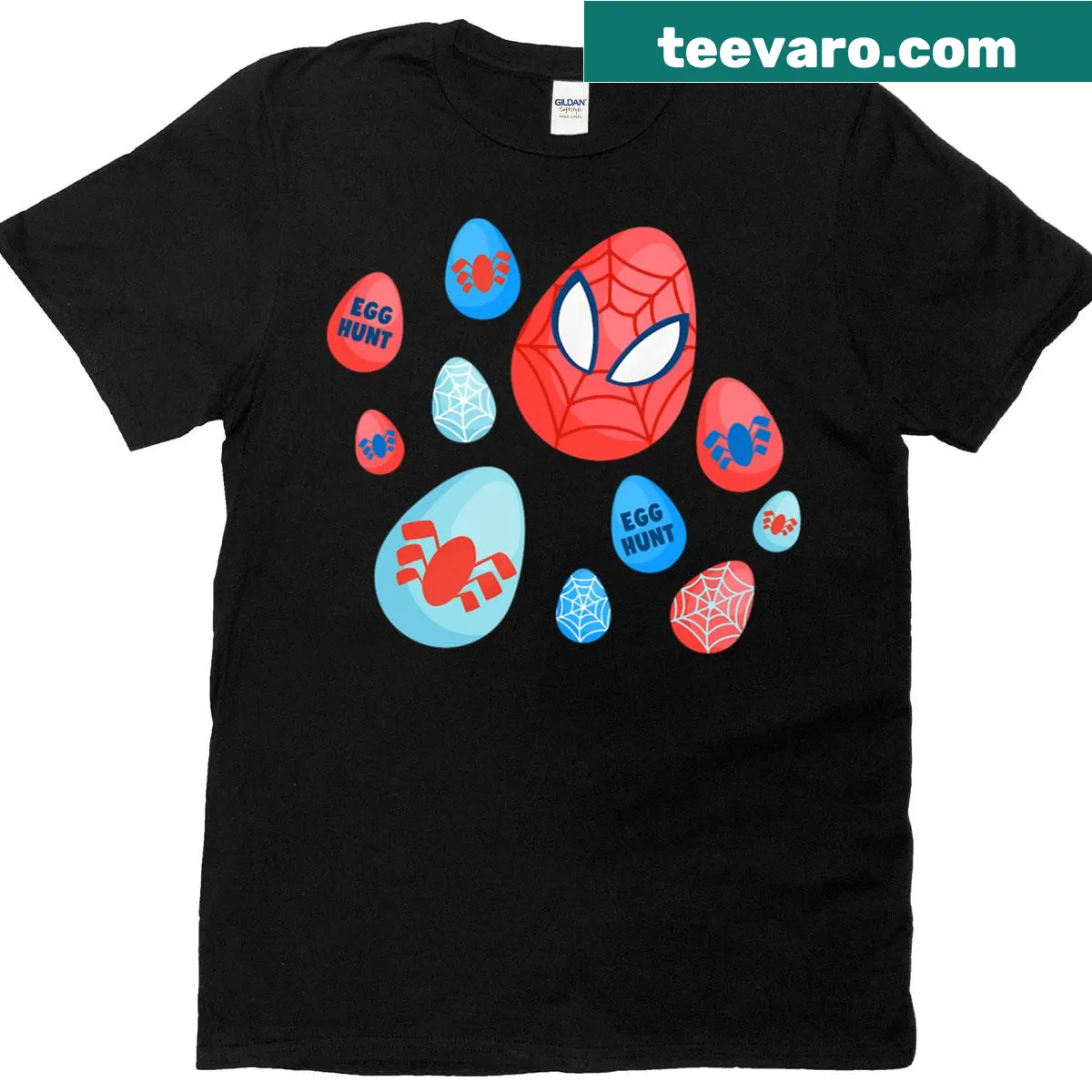 Cartoon spider with Easter eggs graphic t-shirt — on a men's t-shirt
