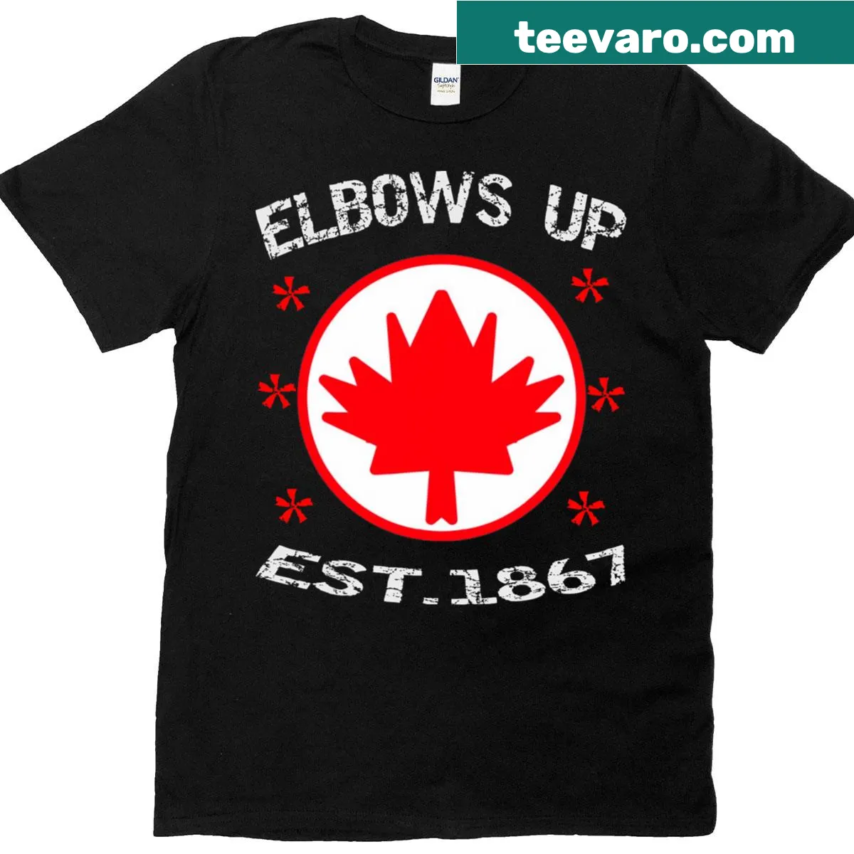 Elbows Up Canada T-shirt with bold lettering — on a men's t-shirt
