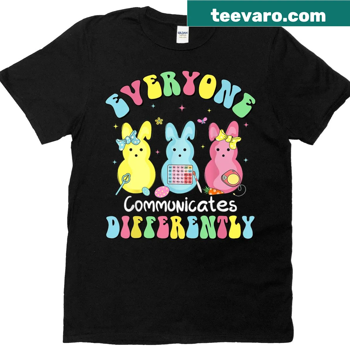 T-shirt promoting diverse communication with the phrase 'Everyone Communicates Differently' — on a men's t-shirt