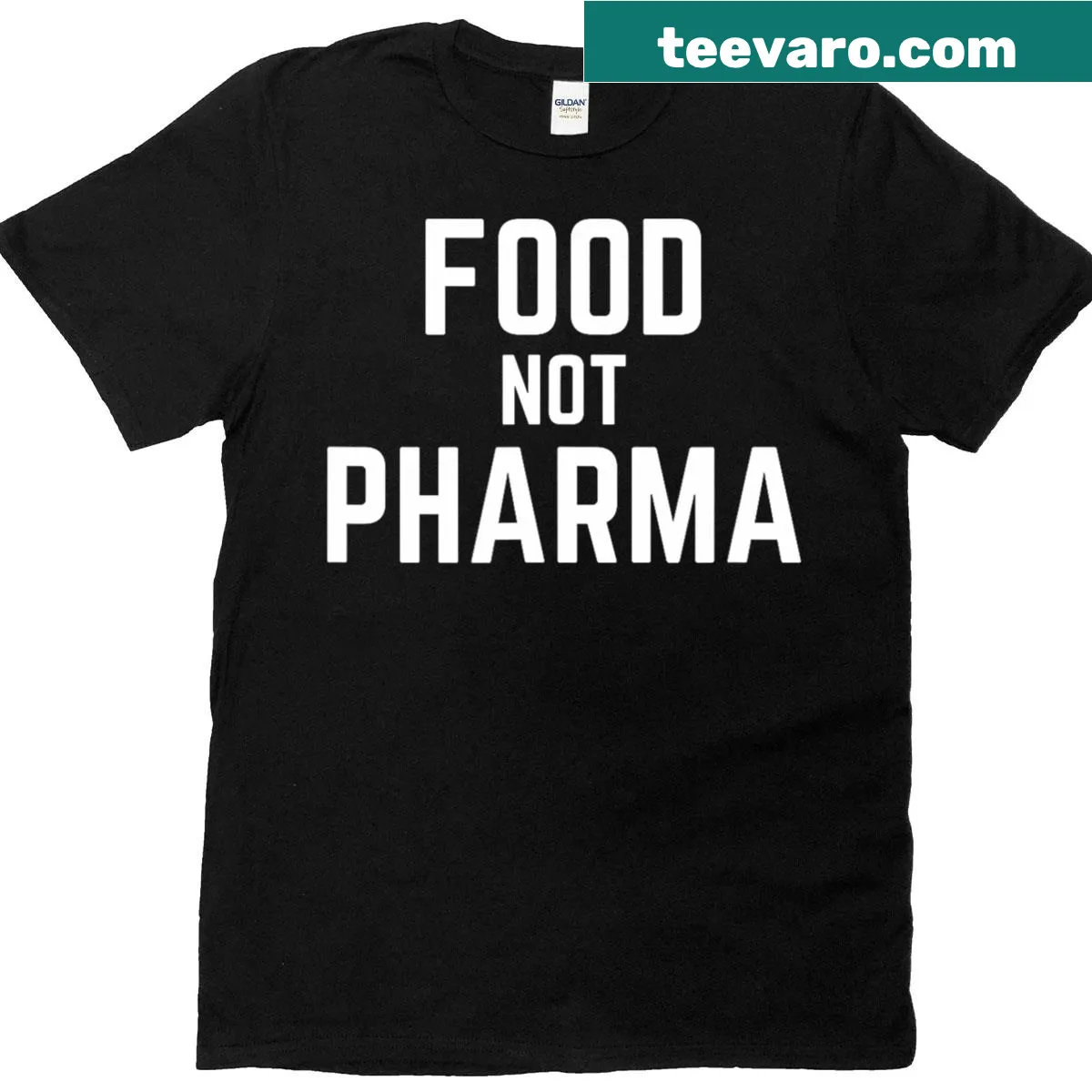 Natural Nutrition T-shirt with the slogan 'Food Not Pharma' — on a men's t-shirt