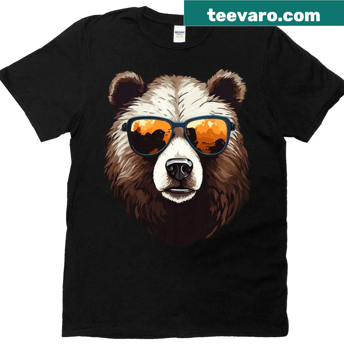 Graphic t-shirt featuring a bear face with sunglasses — on a men's t-shirt