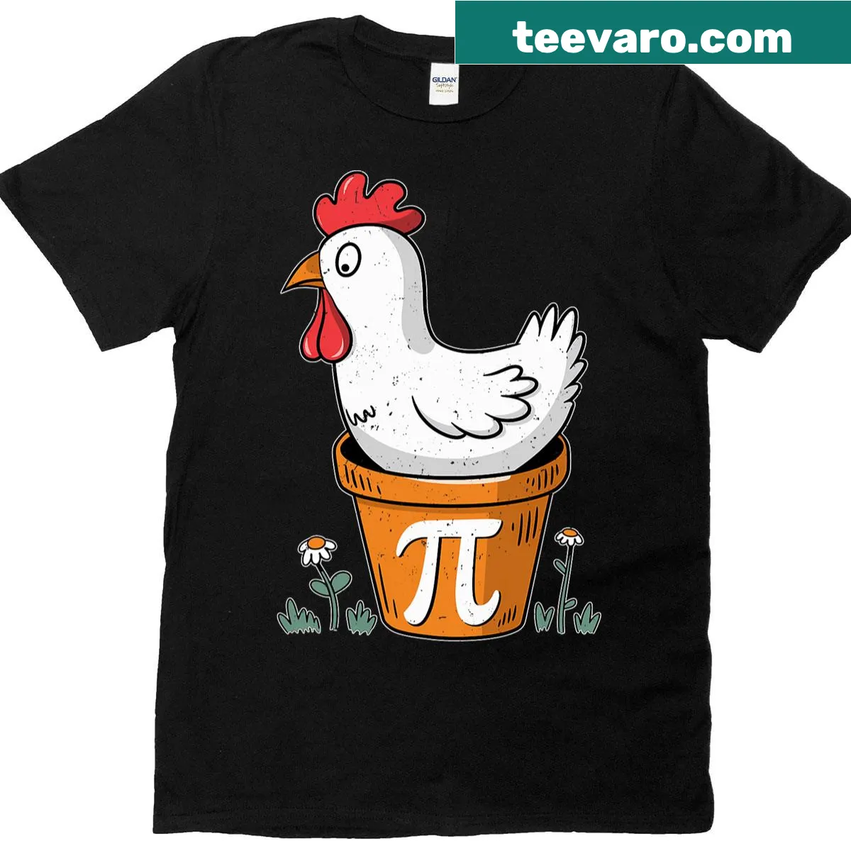 Graphic t-shirt featuring a humorous chicken and pi theme — on a men's t-shirt