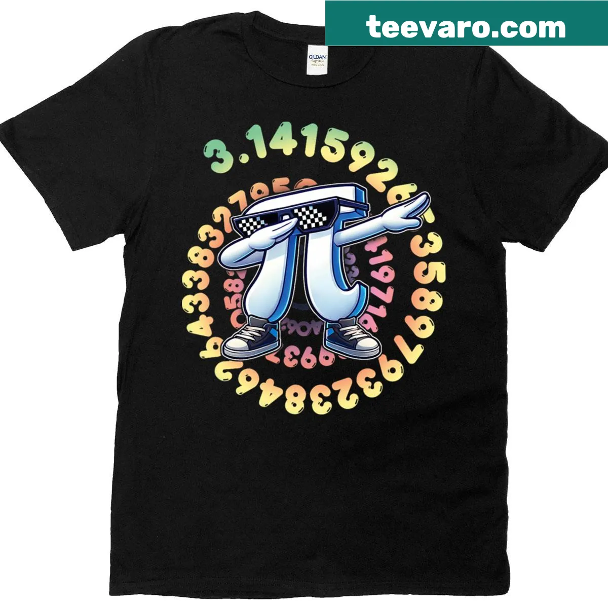 Graphic t-shirt with a dabbing pi symbol for kids — on a men's t-shirt