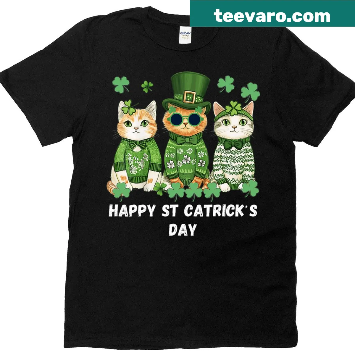 Funny St. Patrick's Day T-shirt featuring a cat and shamrocks — on a men's t-shirt