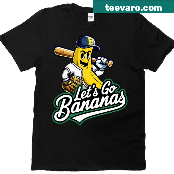 Funny T-shirt with an illustration of a banana playing baseball