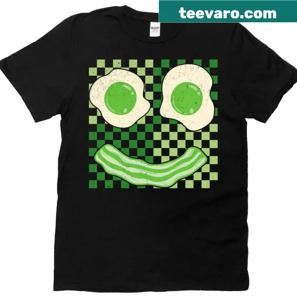 Whimsical breakfast-themed T-shirt with green smiley face for St. Patrick's Day