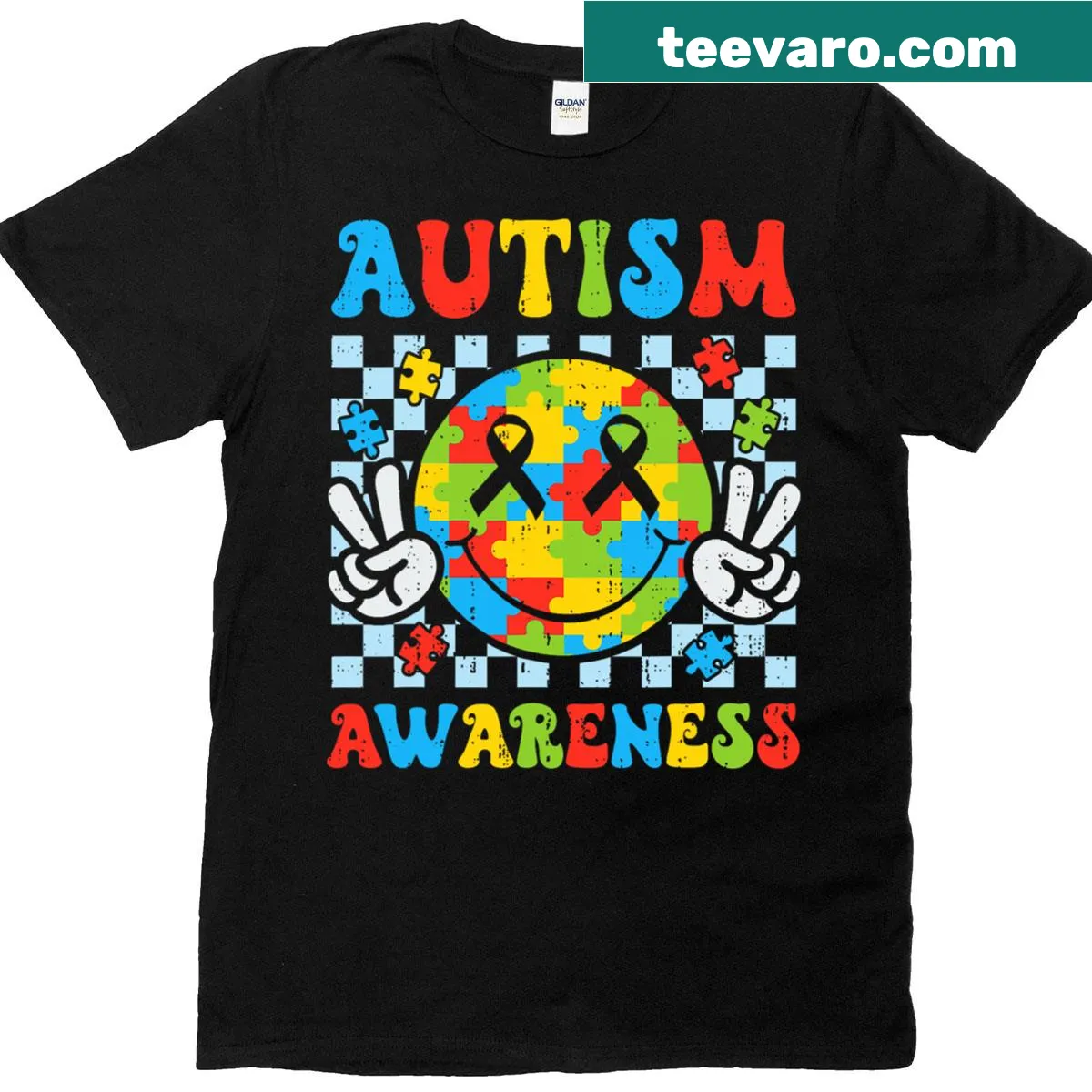 Hippie smiley face graphic promoting autism awareness. — on a men's t-shirt