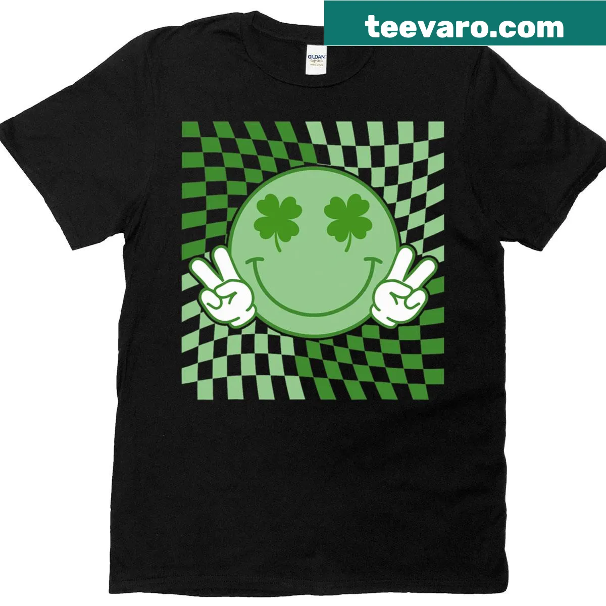 Humorous T-shirt with shamrock smiley face for St. Patrick's Day — on a men's t-shirt