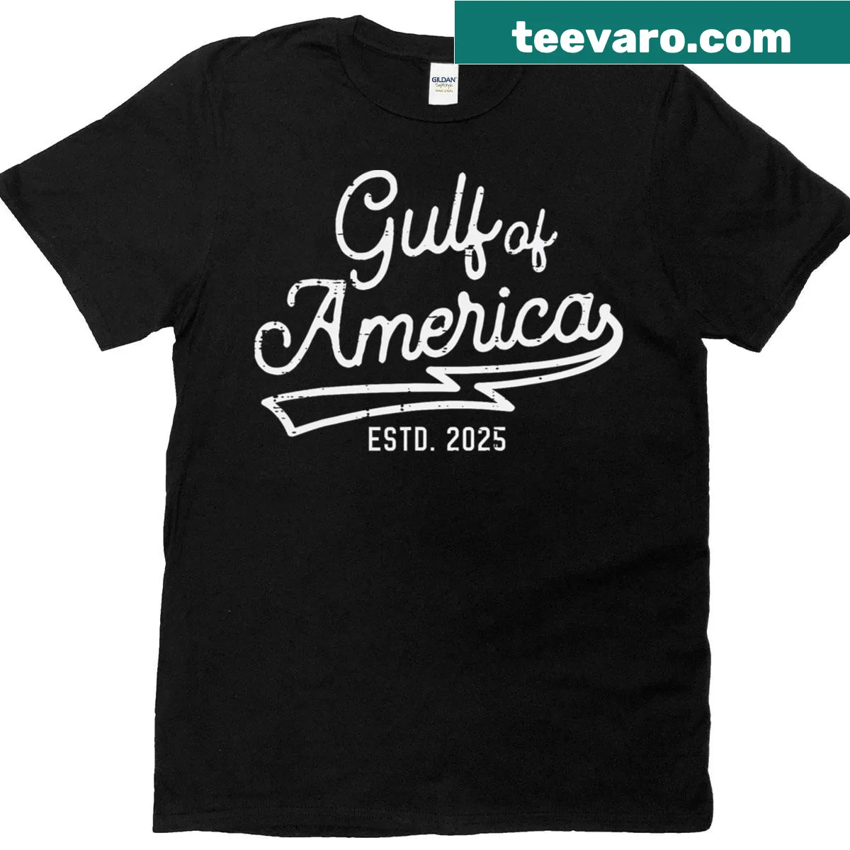 Gulf of USA America Estd 2025 t-shirt with clear lettering — on a men's t-shirt