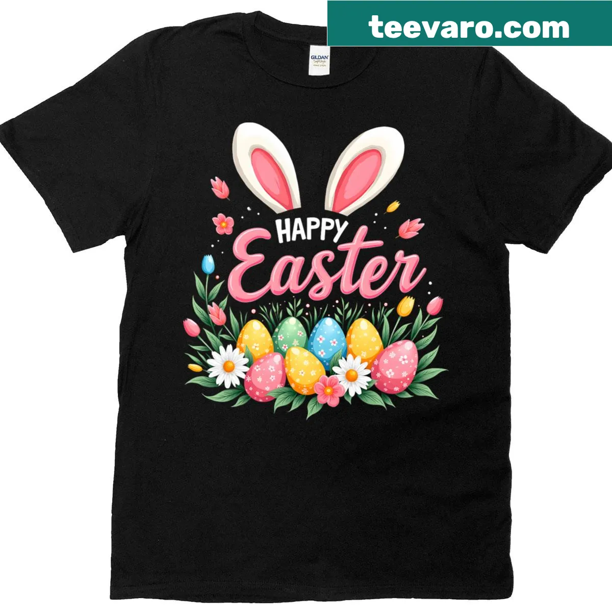 Kids Easter T-shirt featuring a bunny and Easter eggs — on a men's t-shirt