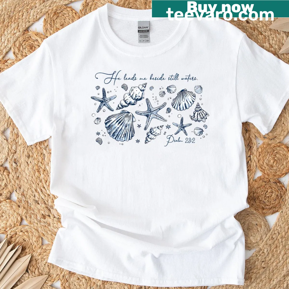 Inspirational T-shirt featuring the phrase 'He Leads Me Beside Still Waters' — on a men's t-shirt