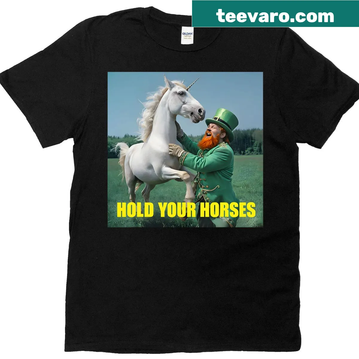 Funny St. Patrick's Day T-shirt with leprechaun and unicorn — on a men's t-shirt