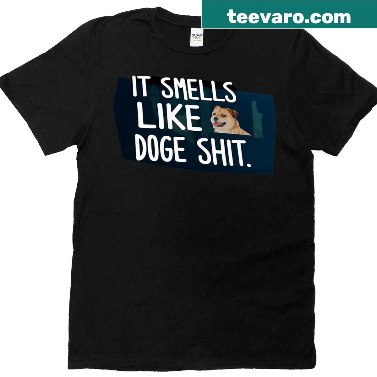 Text design stating It Smells Like Doge Shit Funny — on a men's t-shirt
