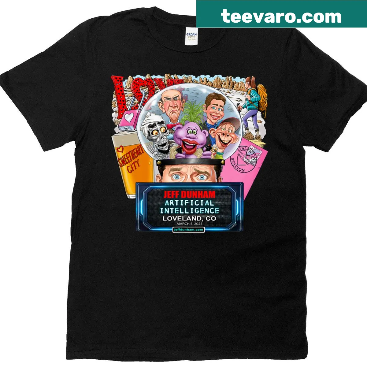 T-shirt celebrating Jeff Dunham's Loveland CO show in 2025 — on a men's t-shirt