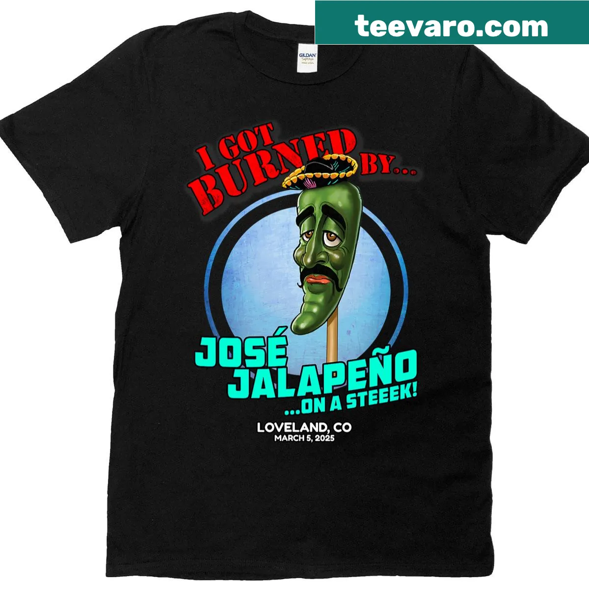 Funny cartoon T-shirt featuring Jose Jalapeno On A Stick — on a men's t-shirt