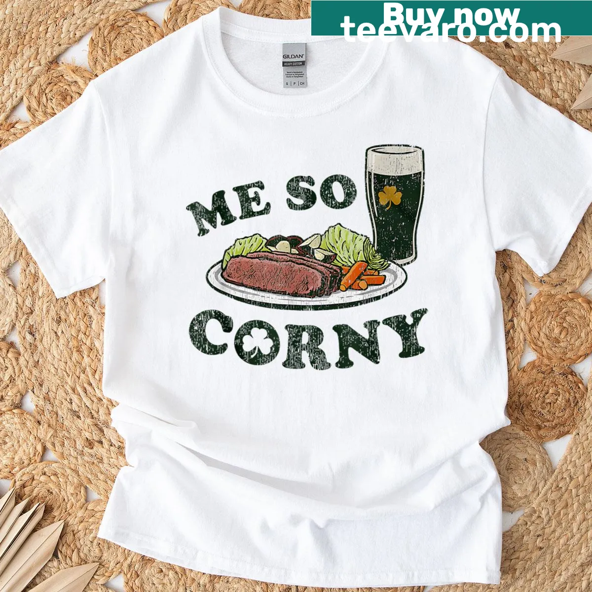 St Patrick's Day shirt with 'Me So Corny' and food graphics — on a men's t-shirt