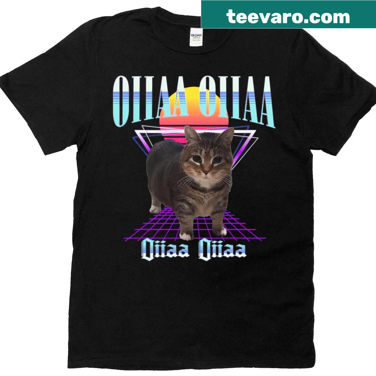 Funny spinning cat meme graphic t-shirt — on a men's t-shirt