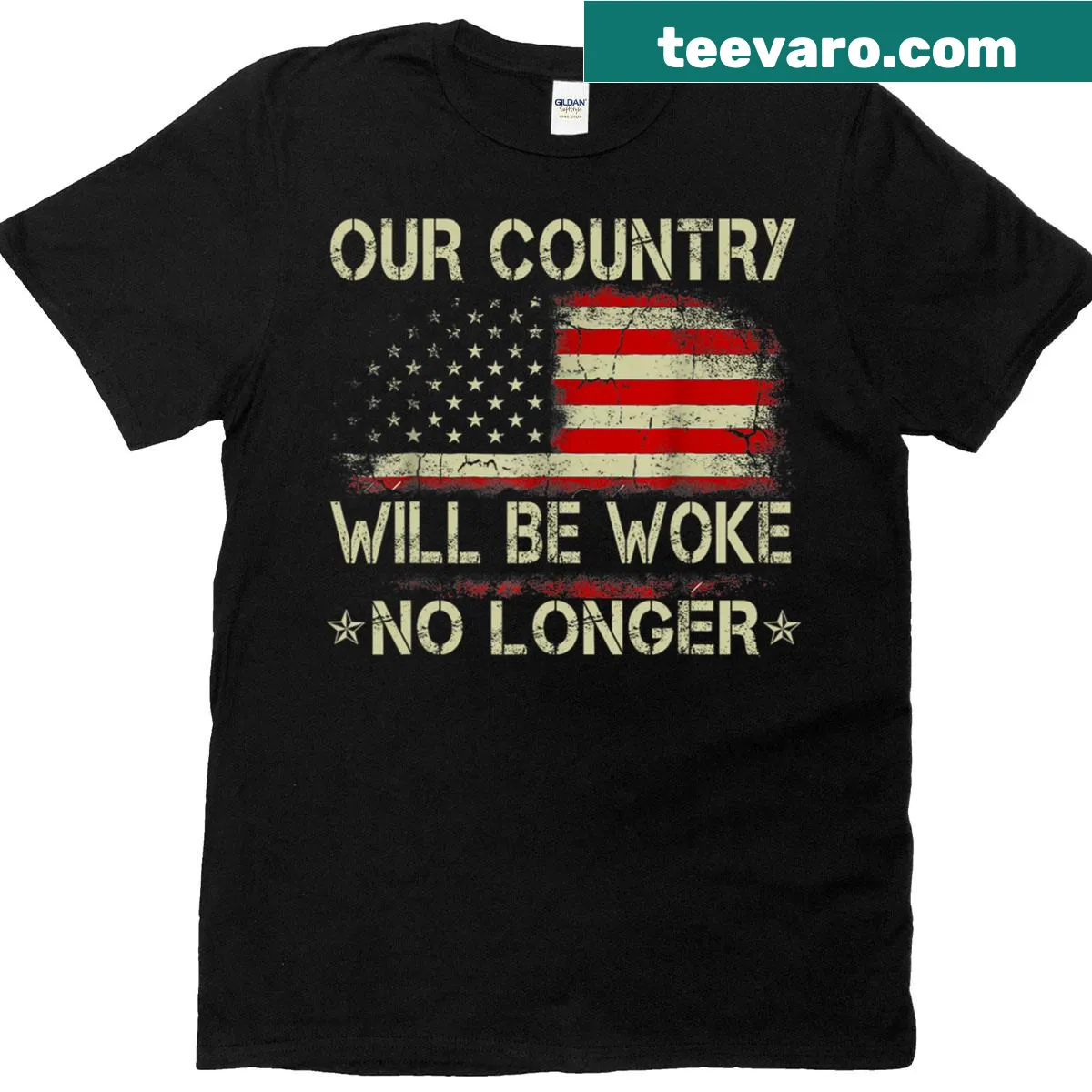 Retro t-shirt featuring the phrase 'Our Country Will Be Woke No Longer' in bold text — on a men's t-shirt