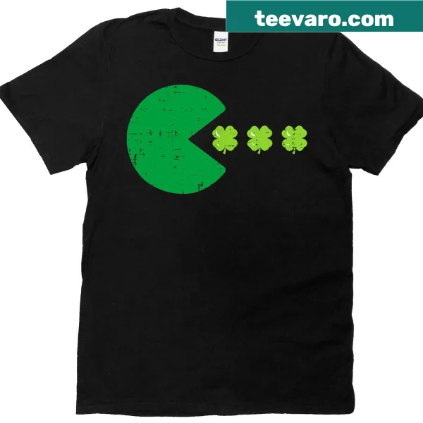 Youth t-shirt with a gamer illustration enjoying a clover for St. Patrick's Day