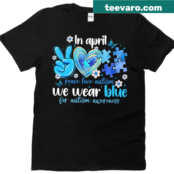 Illustrative t-shirt promoting Autism Awareness with peace and love symbols