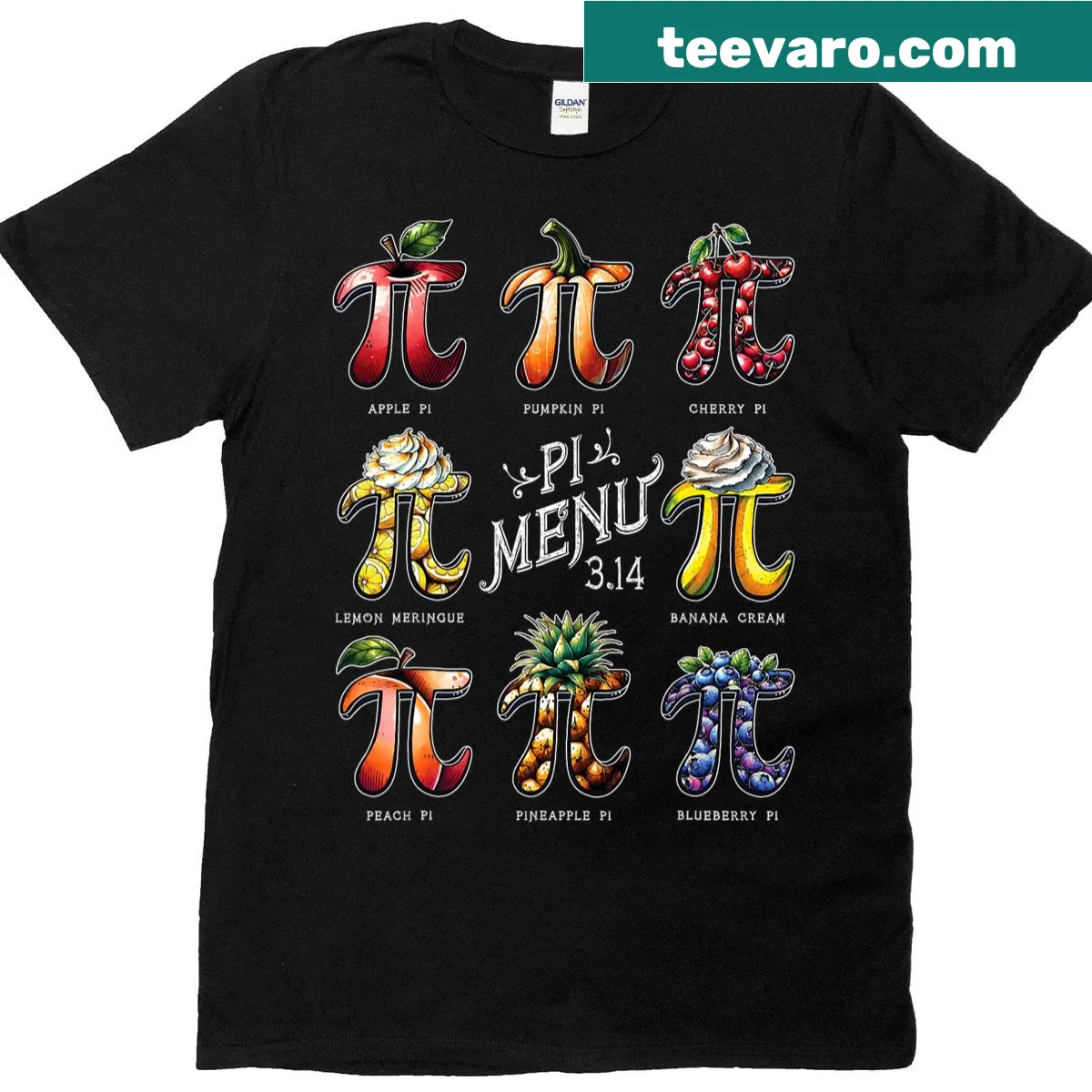 Funny Pi Day t-shirt with a fruit pie menu illustration — on a men's t-shirt