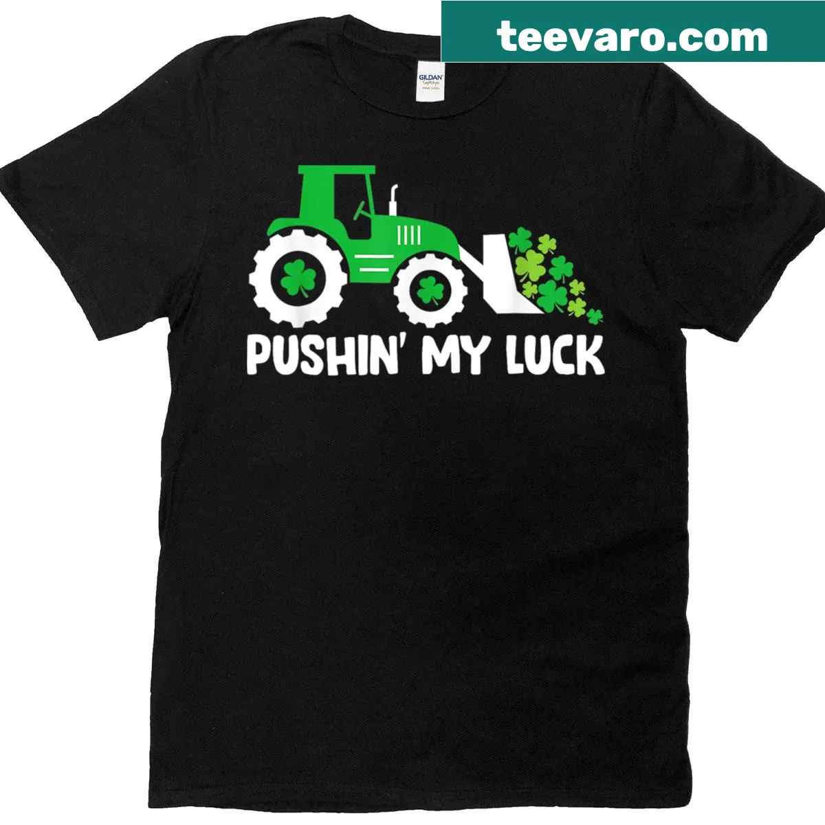 Playful St. Patrick's Day tee with a tractor truck and fun text — on a men's t-shirt