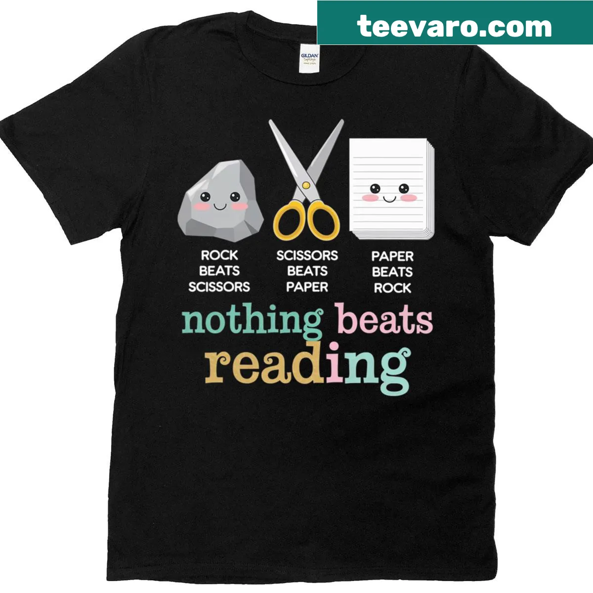 Funny book lover t-shirt featuring Rock Paper Scissors theme — on a men's t-shirt