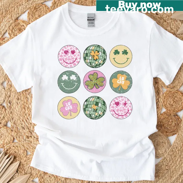 Retro disco ball with shamrocks and smiley faces on t-shirt