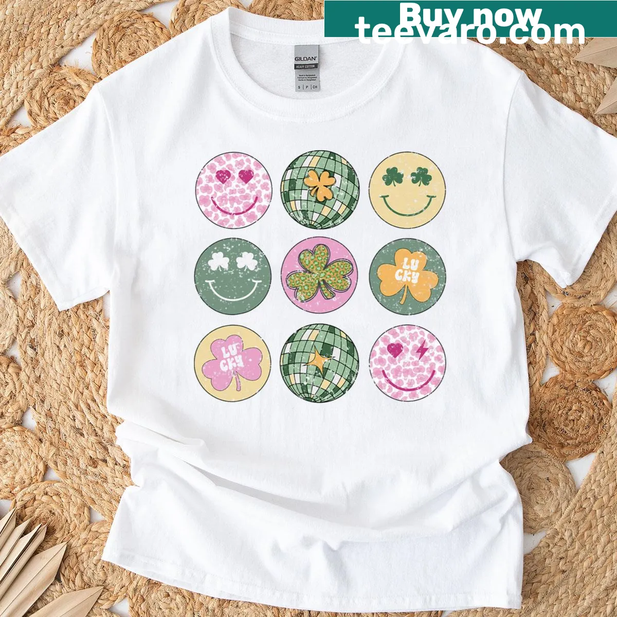 Retro disco ball with shamrocks and smiley faces on t-shirt — on a men's t-shirt