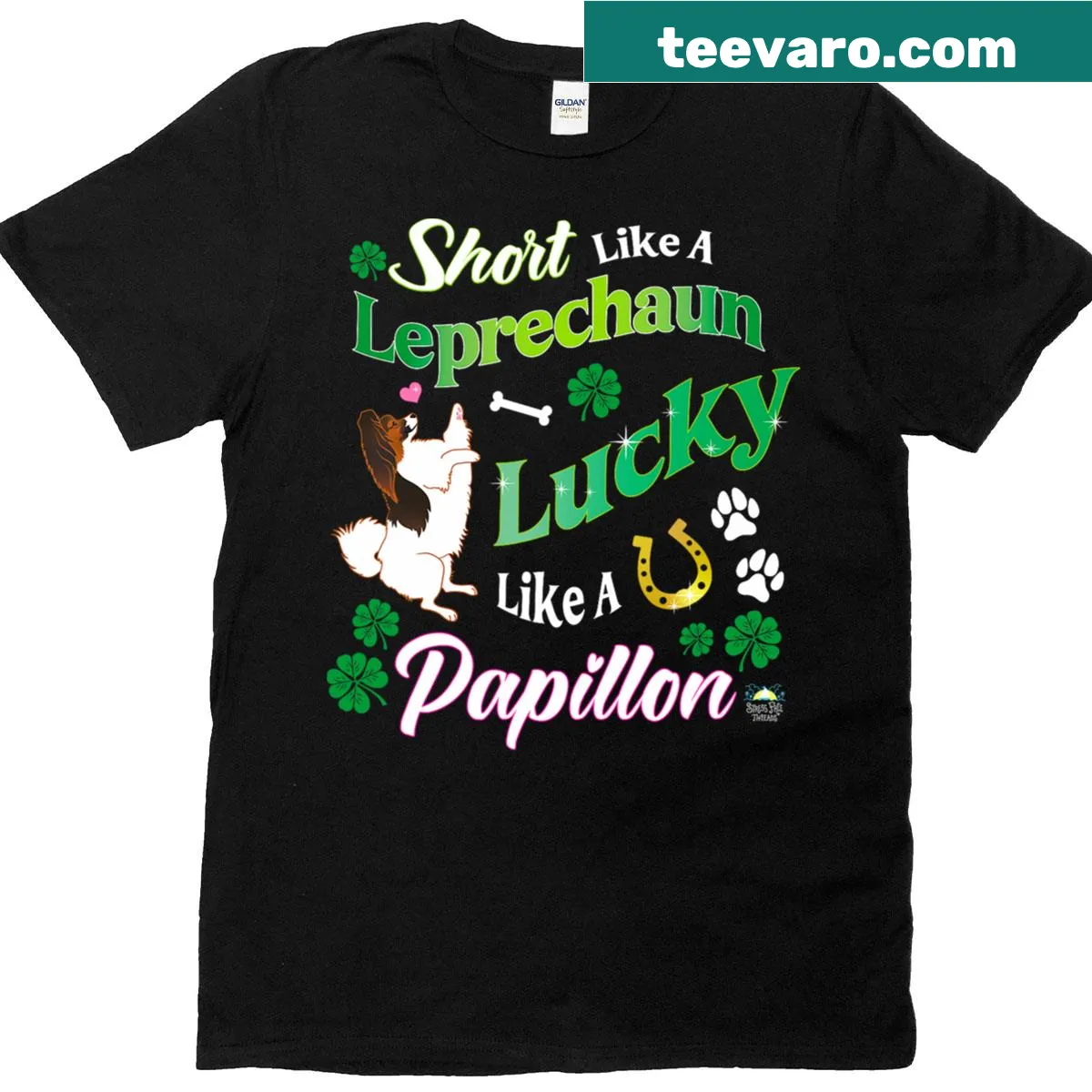 Cute t-shirt with playful text about leprechauns and Papillon dogs — on a men's t-shirt