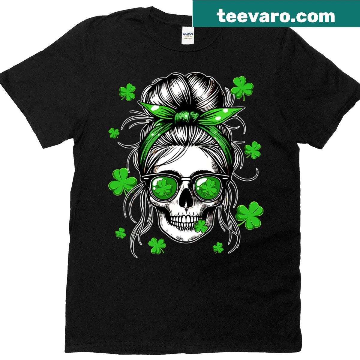 Graphic t-shirt with a skull in messy bun and sunglasses for St. Patrick's Day — on a men's t-shirt
