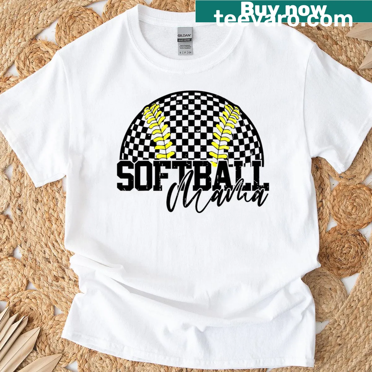 Softball mom t-shirt with checkered design — on a men's t-shirt