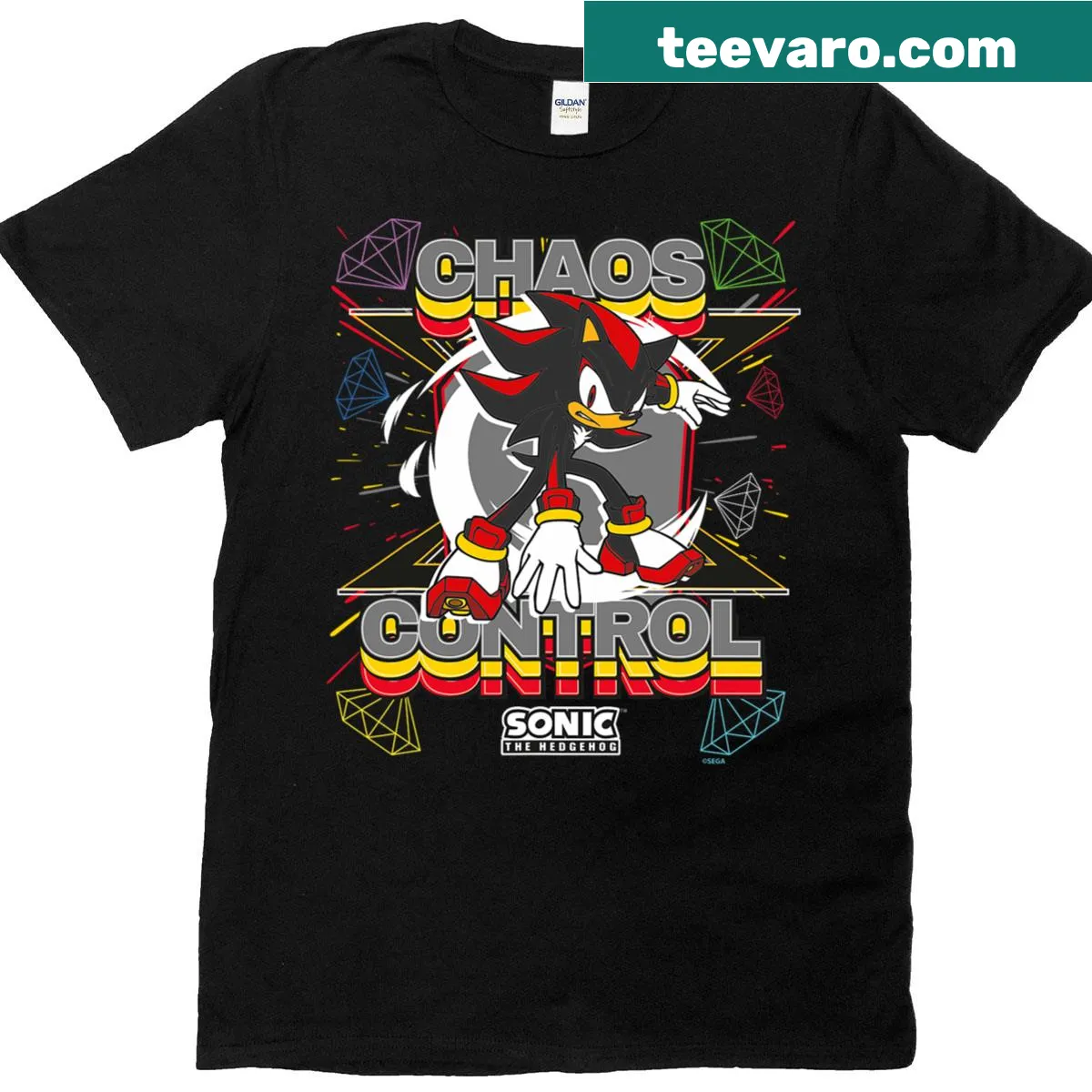 Gaming t-shirt featuring Sonic and Shadow in Chaos Control design — on a men's t-shirt