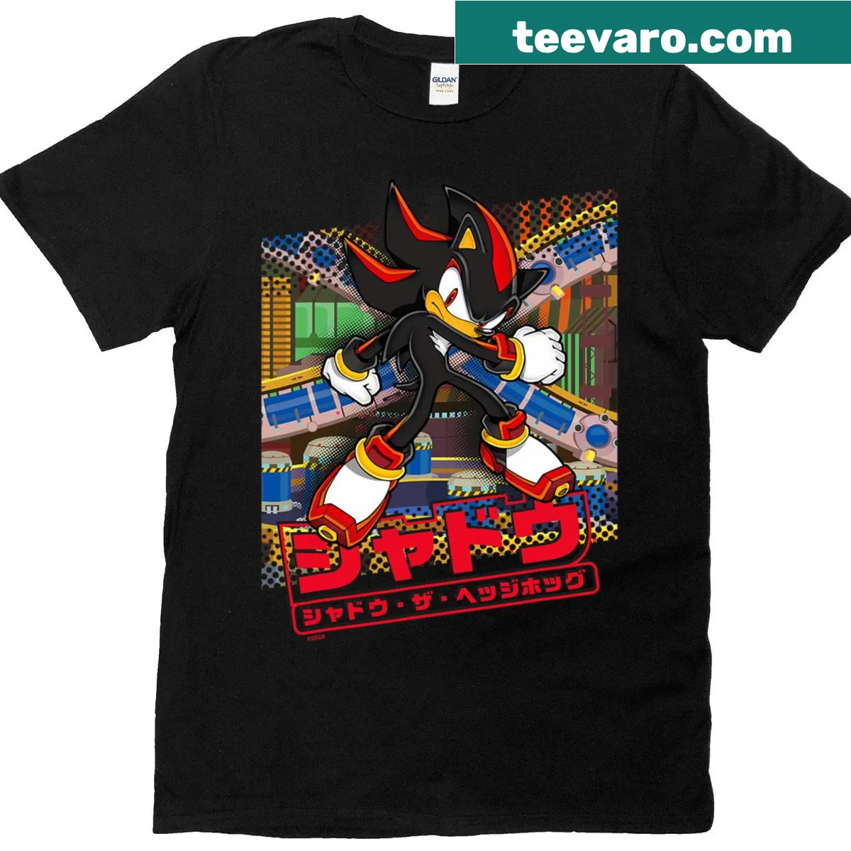 Japanese logo design of Shadow the Hedgehog on T-shirt — on a men's t-shirt
