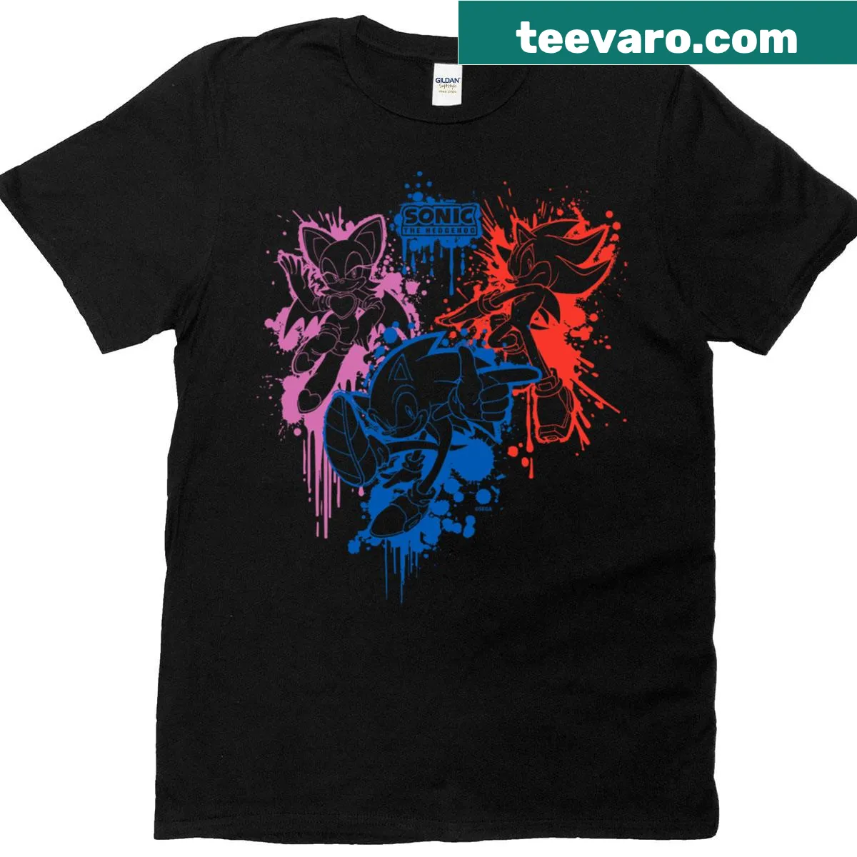 Sonic and Shadow graphic T-shirt with spray paint design — on a men's t-shirt