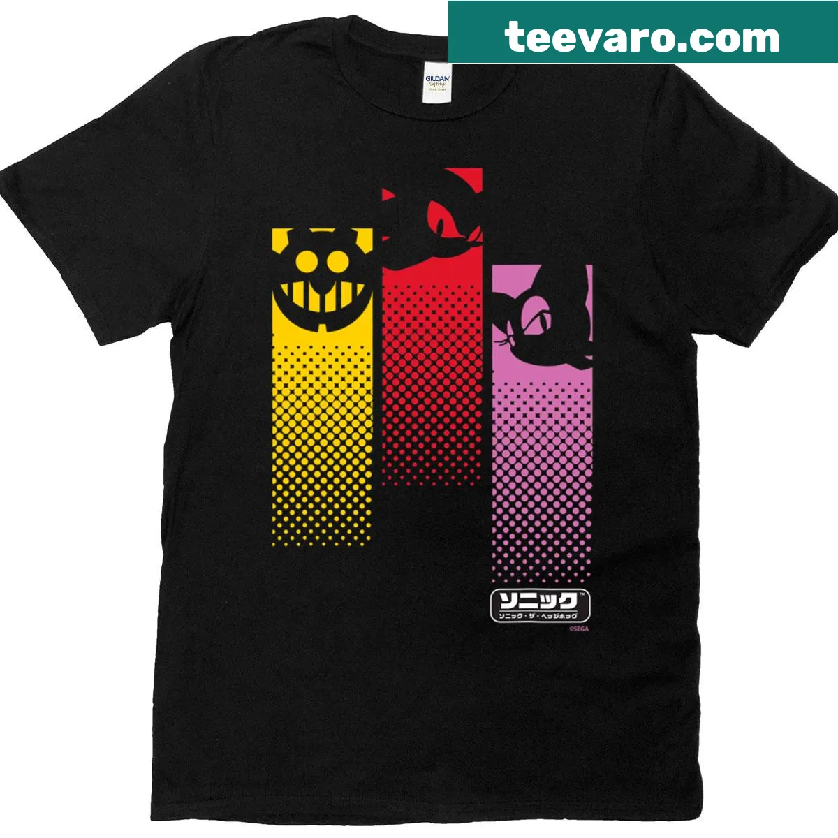 Edgy T-shirt featuring Sonic characters Shadow, Rouge, and Eggman in vertical layout — on a men's t-shirt