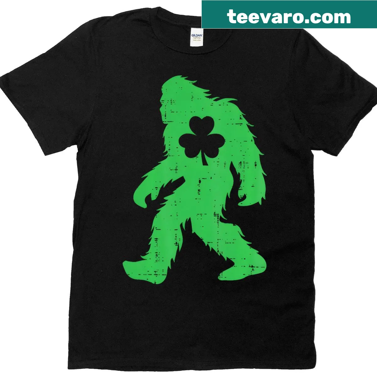 Bigfoot Sasquatch t-shirt for St. Patrick's Day with shamrock design — on a men's t-shirt