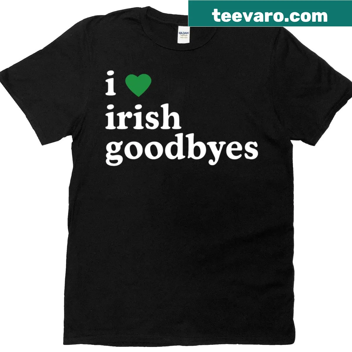 I Love Irish Goodbyes text graphic T-shirt for St. Patrick's Day — on a men's t-shirt